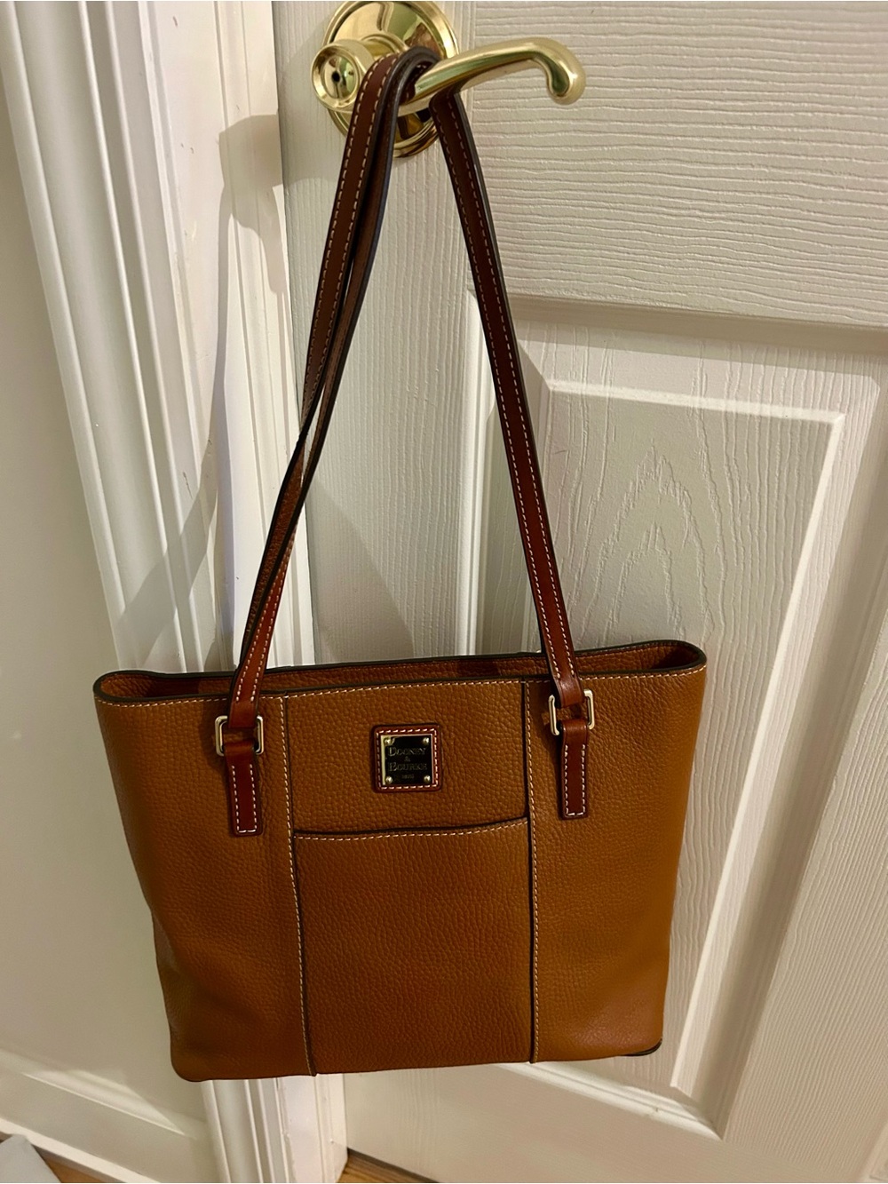 Dooney and Bourke Classic Tan Leather Tote Bag with Contrast Straps